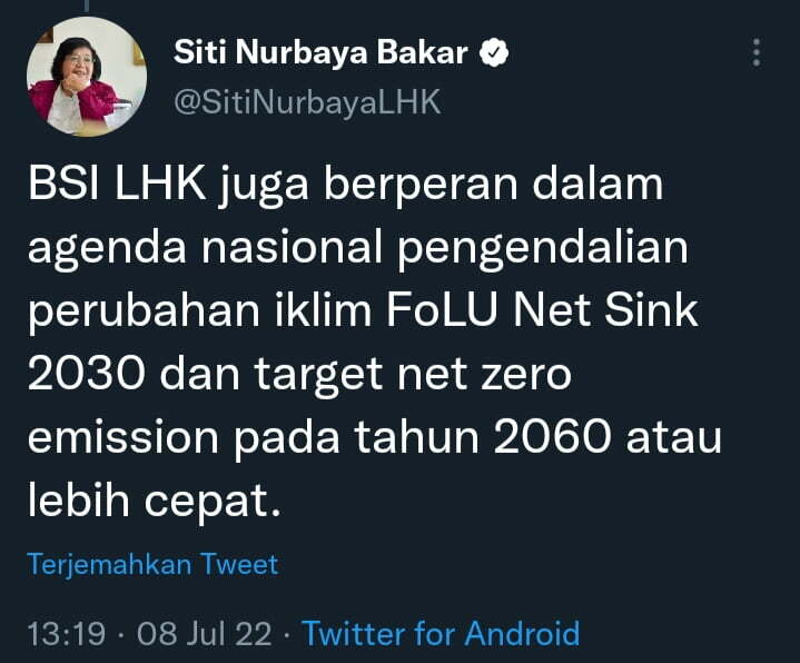 Cuitan Menteri Lingkungan Hidup RI, Siti Nurbaya Bakar di Twitter. (Foto: Tangkapan layar)
