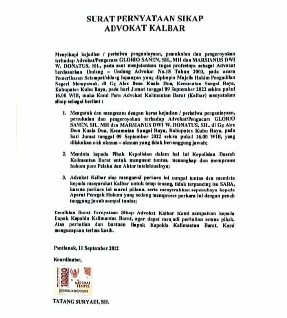 Surat Pernyataan Sikap Advokat Kalbar. (Foto: Tangkapan layar/Istimewa)