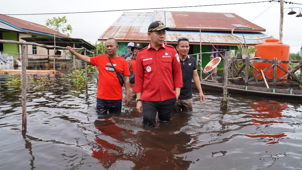 Bupati Kapuas Hulu, Fransiskus Diaan meninjau lokasi banjir di Desa Kenepai. (Foto: Ishaq)