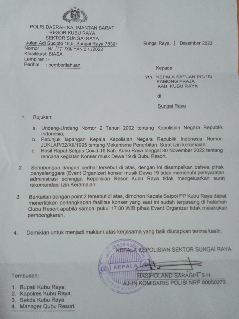 Surat pemberitahuan yang dikeluarkan dan ditandatangani oleh Kepala Kepolisian Sektor Sungai Raya, AKP Hasiholand Saragih kepada Kepala Satuan Polisi Pamong Praja Kabupaten Kubu Raya tertanggal 1 Desember 2022. (Foto: Istimewa)