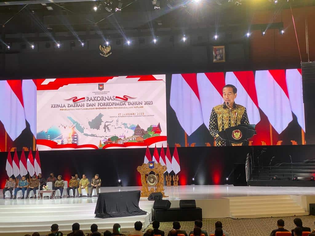 Presiden RI, Joko Widodo memberikan pengarahan saat Rakornas Kepala Daerah dan Forkopimda Tahun 2023. (Foto: Ishaq)