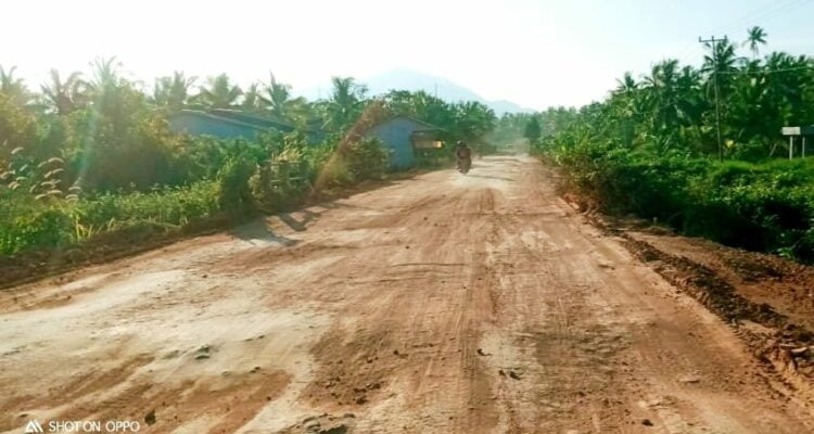 Jalan poros Kecamatan Sukadana yang licin dan berdebu. (Foto: Santo)