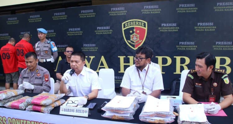Konferensi pers pemusnahan 9,152 Kg ganja asal Medan, di halaman Kantor Direktorat Reserse Narkoba Polda Kalbar, Kamis (13/04/2023). (Foto: Jauhari)