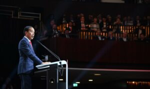 Presiden RI, Joko Widodo (Jokowi) memberikan sambutan pada pembukaan pameran teknologi terbesar dunia Hannover Messe 2023 di Kota Hannover, Jerman (16/04/2023). (Foto: PLN)