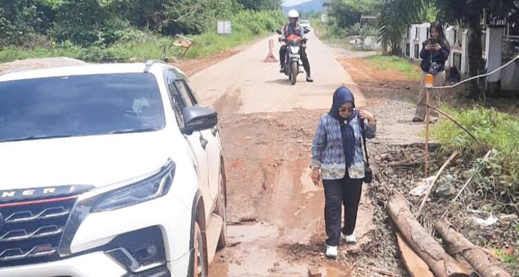 Anggota DPRD Kalbar, Yuliani Aloh melakukan monitoring perbaikan jalan provinsi di Kabupaten Kayong Utara, dari ruas jalan Siduk hingga Teluk Batang. (Foto: Santo)