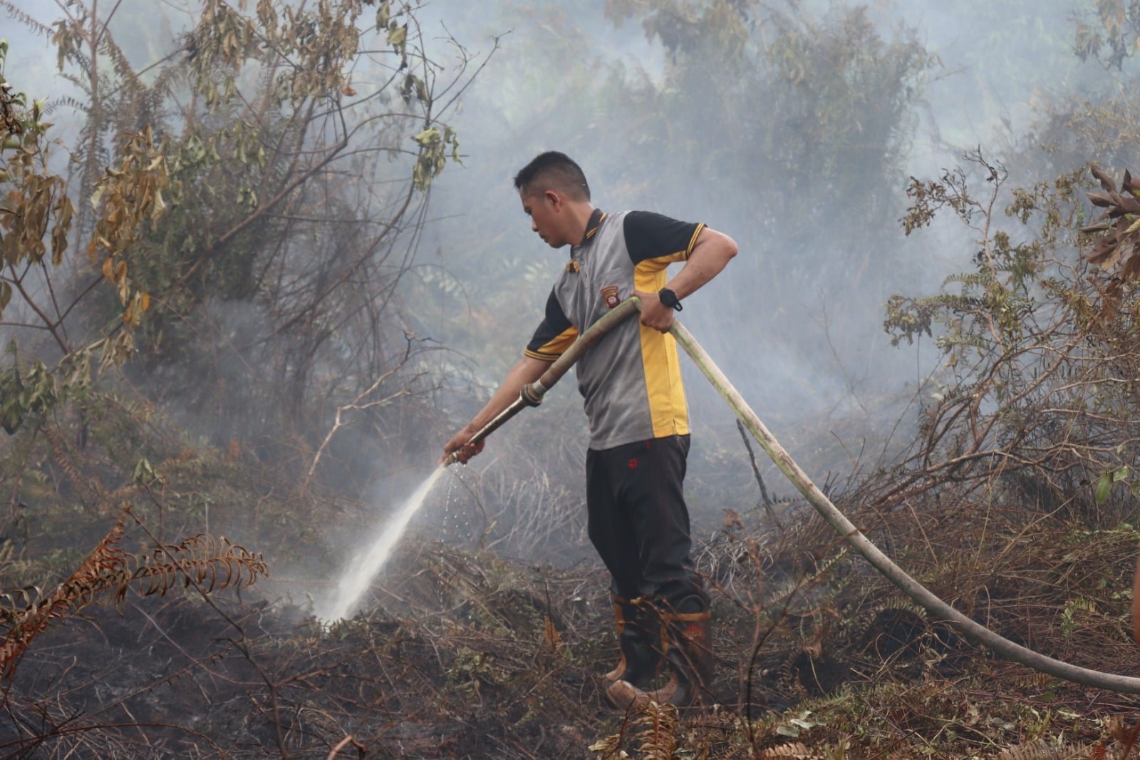 Kapolres Kubu Raya, AKBP Arief Hidayat memimpin langsung upaya pemadaman kebakaran lahan gambut di wilayah Dusun Mulyorejo, Desa Limbung, Kecamatan Sungai Raya, Kabupaten Kubu Raya, Selasa (30/05/2023). (Foto: Polres Kubu Raya)