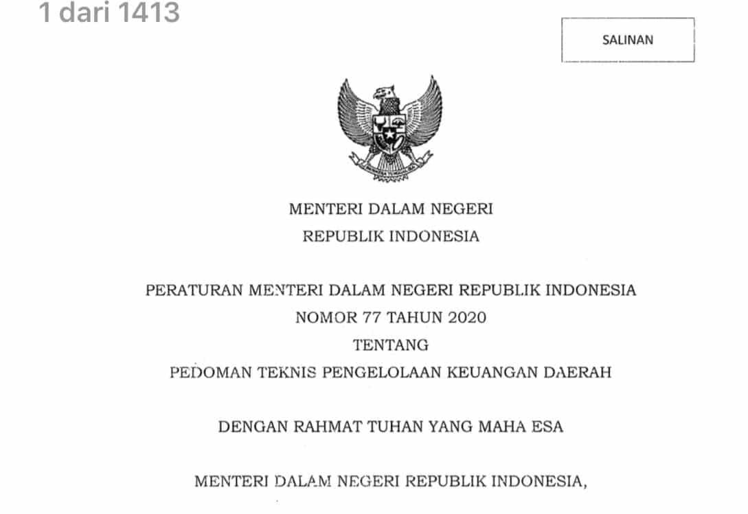Peraturan Menteri Dalam Negeri Republik Indonesia Nomor 77 Tahun 2020 tentang Pedoman Teknis Pengelolaan Keuangan Daerah.