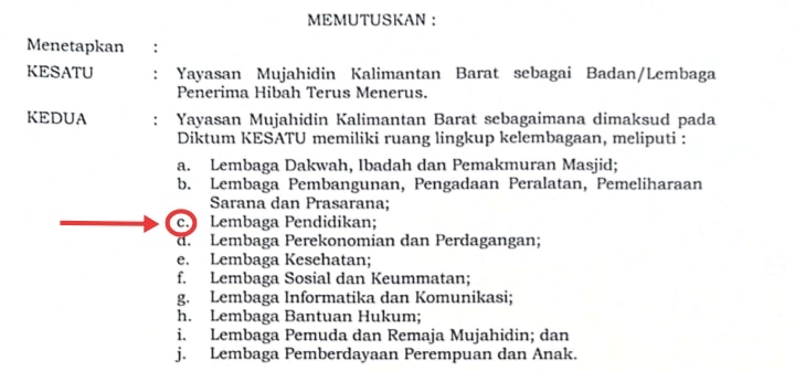 Surat Keputusan Gubernur Kalimantan Barat Nomor 677/Kesra/2021 tentang Yayasan Mujahidin Kalimantan Barat Sebagai Badan/Lembaga Penerima Hibah Terus Menerus.