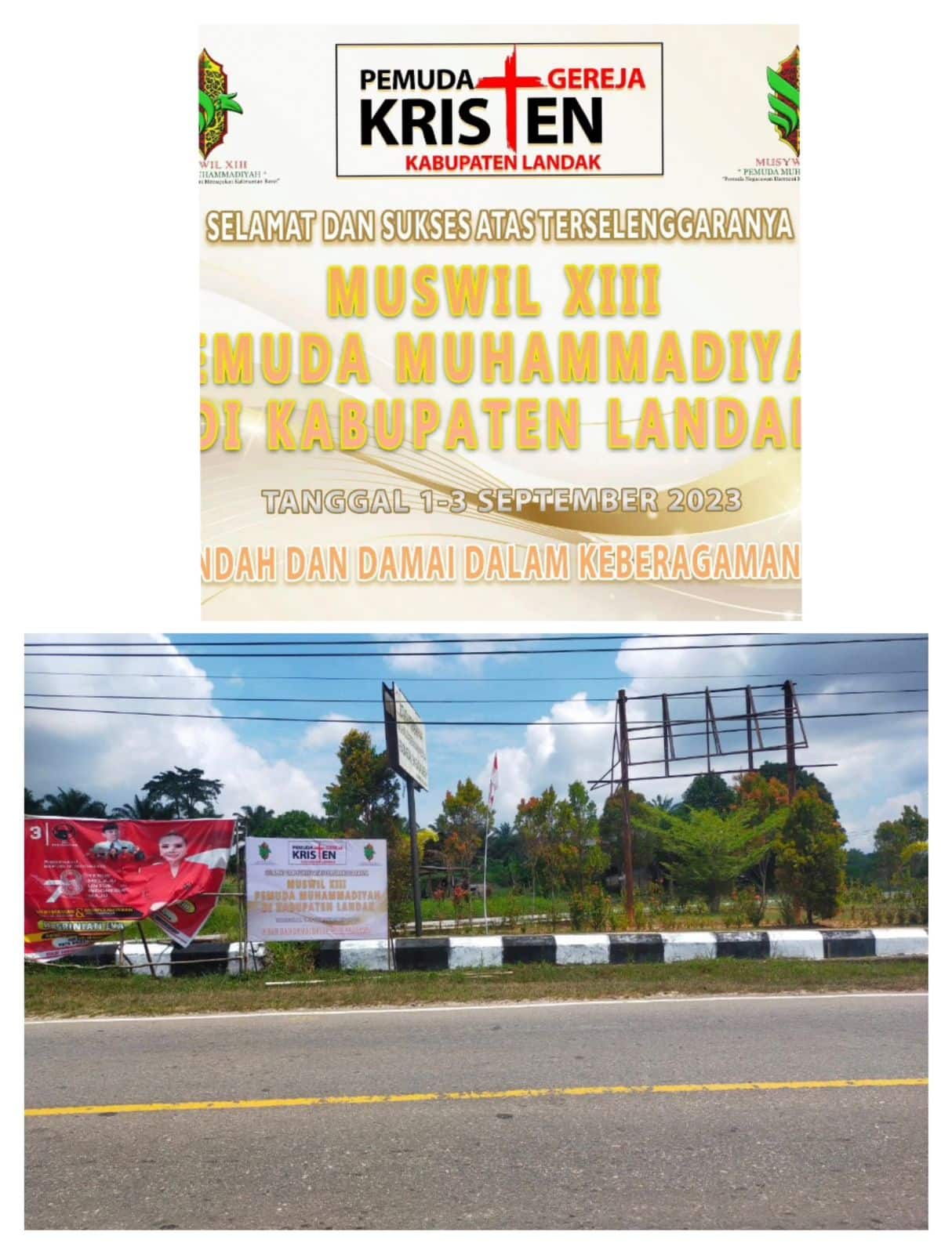 Spanduk berisikan dukungan organisasi kepemudaan kristiani terhadap pelaksanaan kegiatan Muswil XIII Pemuda Muhammadiyah di kabupaten Landak pada tanggal 1 - 3 September 2023. (Foto: Indri)