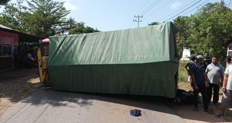 Kondisi truk terguling di tengah badan Jalan Rahadi Ismail, Desa Padang, Kecamatan Benua Kayong, Kabupaten Ketapang Kalimantan Barat, Rabu (30/08/2023). (Foto: Adi LC)