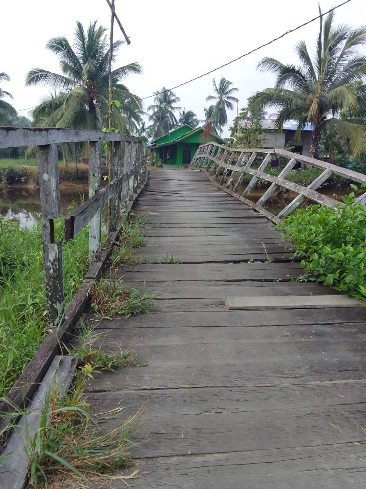 Kondisi jembatan kayu di belakang Puskesmas Desa Sungai Kakap, Kecamatan Sungai Kakap, Kabupaten Kubu Raya. (Foto: Reza Aurli Firmansyah/Mahasiswa PPL IAIN Pontianak 2023)