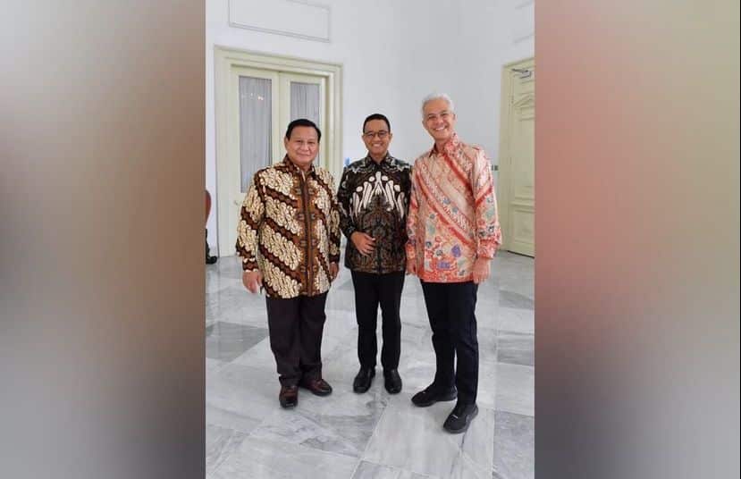 Ketiga Bakal Calon Presiden RI 2024, Prabowo Subianto, Anies Baswedan dan Ganjar Pranowo saat berada di Istana Negara usai diundang Presiden Jokowi. (Foto: Instagram @aniesbaswedan)