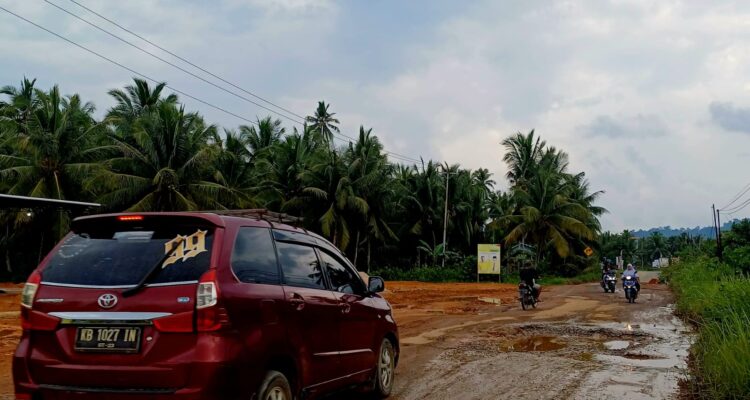 Kondisi jalan poros Desa Rantau Panjang, Kecamatan Simpang Hilir, Kabupaten Kayong Utara. (Foto: Santo)