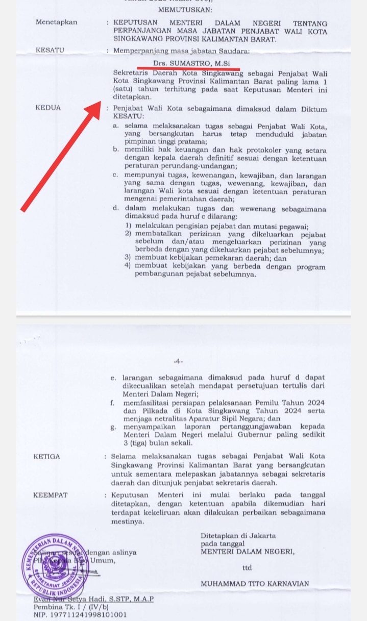 Cuplikan Surat Keputusan (SK) Menteri Dalam Negeri (Mendagri) bernomor 100.2.1.3-6595 Tahun 2023 tentang Perpanjangan Masa Jabatan Penjabat Wali Kota Singkawang. (Foto: Tangkapan layar)