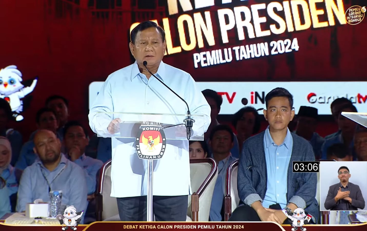 Calon presiden (capres) nomor urut 2, Prabowo Subianto pada debat capres 2024, Minggu (07/1/2024) malam. (Foto: Istimewa)