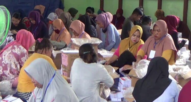 Petugas melakukan pelipatan surat suara di gudang logistik KPU Ketapang. (Foto: Adi LC)